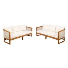 Christopher Knight Home Elrane Mid-Century Modern Patio 3-Seater Acacia Wood Sofa with Thick Cushions