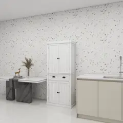 AndMakers White Wood 29.92 in. Pantry Cabinet with Doors and Drawers，Adjustable Shelves