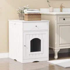 DSVIMOY Wooden Pet House, Cat Litter Box Enclosure with Drawer, Side Table, Indoor Pet Crate, Cat Home Nightstand, White, 18.9"*20.9"*25"