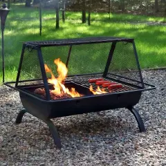 Sunnydaze Outdoor Camping or Backyard Rectangular Northland Fire Pit with Cooking Grill Grate, Spark Screen, Log Poker, and Fire Pit Cover - 36"