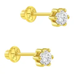 Baby Girls' 6 Prong CZ Solitaire Screw Back 14k Gold Earrings - Clear - In Season Jewelry
