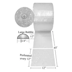 UOFFICE Bubble Cushioning Wrap - 65' Long x 12" Wide - with Large 1/2" Bubbles