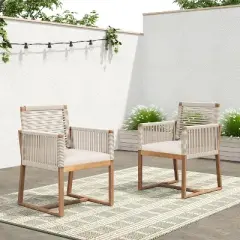 2 pcs Patio Chairs, Outdoor Acacia Wood Dining Chairs with Cushions, Handwoven Rope Back and Arms  -Christopher Knight Home