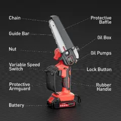 Gardenjoy Cordless Mini Chainsaw - 6 Inch - 21V with 2 Batteries & 2 Chains - Safety Lock & Auto Oiler