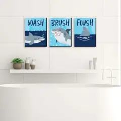 Big Dot of Happiness Shark Zone - Kids Bathroom Rules Wall Art - 7.5 x 10 inches - Set of 3 Signs - Wash, Brush, Flush