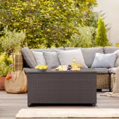 Tangkula Outdoor 50 Gallon Wicker Storage Box PE Rattan Storage Container with Lid Deck&Waterproof Liner Mix Brown