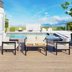 FIONECA U-Style Multi-Person Outdoor Iron Sofa Set with Rattan Decor, Waterproof & Rust-Proof Table &uml;C Patio, Garden, Lawn Seating