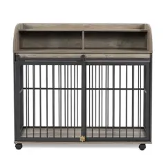 YOOCOZZ 44'' Heavy Duty Large Dog Crate, with Lockable Wheels, Wooden Dog Crate Dog Kennel, End Table Crate with Double layer storage-Gray