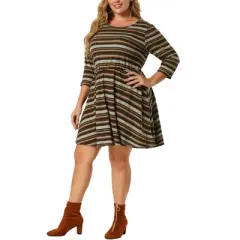 Agnes Orinda Women's Plus Size Striped Boho Fit Flare Knit Dress