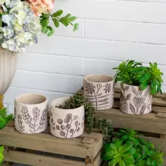 NAYSAYE Planter Set of 4 Gray Sand and Cement Planter with Brown Botanical Motifs for Indoor Outdoor Garden, Brown and Gray, 10"*10"*5"