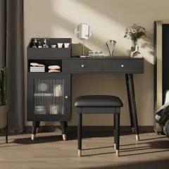 TOBILI Modern Makeup Vanity Desk with Drawers, Cabinet & Charging Port, Space-saving Dressing Table Set with Stool for Small Places
