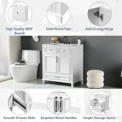 30 Inch Modern Single Sink Bathroom Vanity with 2 Doors & 2 Drawers, Quick Assembly, Solid Wood Construction