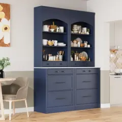 APRILSOUL Blue Modern Kitchen Pantry, Freestanding Tall Kitchen Hutch with Faux Marble Top, Display Cupboard Cabinet with 5 Storage Drawers