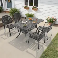 All-Weather 5-Piece Patio Dining Set: Cast Aluminum Furniture,Black with Comfy Blue Cushions & Umbrella Hole - Perfect for Garden Parties, BBQ!