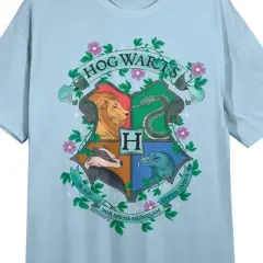 Harry Potter Hogwarts Houses With Floral Detail Women's Blue Short Sleeve Sleep Shirt
