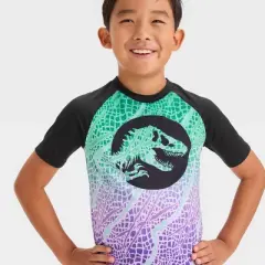 Boys' Jurassic Park Snakeskin Printed Rash Guard Top - Teal Green/Black
