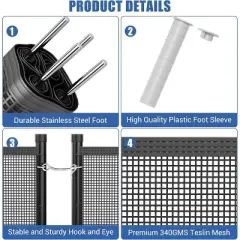 Temporary Pool Safety Fence &ndash; No-Drill Plastic Mesh Barrier for Inground/Above Ground Pools, Removable with Stainless Steel Legs