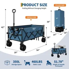 Collapsible Utility Wagon Cart with All Terrain Wheels, Heavy Duty Foldable Wagon, 460 lb Capacity, Portable for Beach Camping