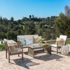 FIONECA 4-Piece Patio Chat Set with Coffee Table, All-Weather Wicker Outdoor Conversation Furniture with Grey & Cream Cushions