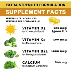 B Beworth 4-in-1 Calcium Supplements, with 5000 IU D3 K2 (MK7) Vitamin B12 for Heart,Bone,Immune,120 Capsules