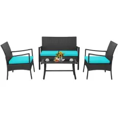 Costway 4PCS Patio Wicker Furniture Set Cushioned Chairs& Loveseat with Coffee Table Garden