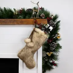 Northlight Faux Fur Christmas Stocking with Pom Poms - 20.5" - Beige and Brown