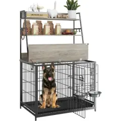 Acekool Multi-Function Dog Crate &ndash; 57" Kennel with Adjustable Bowls & Storage