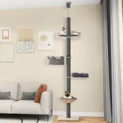 Tangkula Floor to Ceiling Cat Tree with Adjustable Height (93-107 Inch) for Large Cats 5 Tier Cat Climbing Pole with Scratching Post