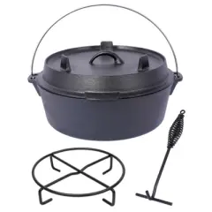 SKRAN Pre-Seasoned Cast Iron Dutch Oven With Skillet Lid, Camping Deep Pot for Camping Cooking BBQ Baking Campfire, With Iron Pot Rack, 4.5 Quart