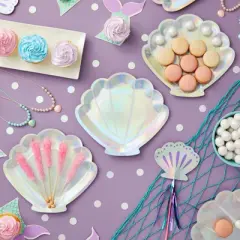 Sparkle and Bash 48 Pack Holographic Seashell Plates for Girls Mermaid Birthday Party Supplies, Silver Foil Design (9 In)