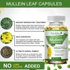 Mulittea Mullein Leaf Capsules Herbal Supplement Supports Respiratory Function Health,120 Count