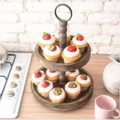 Hallops Wood 2 Tiered Tray Rustic Farmhouse Serving Cake Stand - Food and Party Display