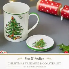 Spode Christmas Tree 14 oz Mug & Coaster Set - Ceramic Mug with Coaster - Fine Porcelain, Dishwasher & Microwave Safe - Mug & Coaster Gift Set