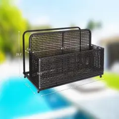 Outdoor Wicker Pool Float Storage, Rolling PE Rattan Caddy with Wheels, Poolside Organizer for Cushions, Noodles, Life Vests and Toys