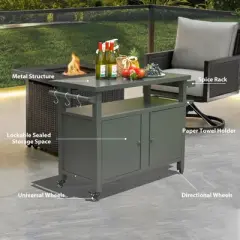Grill Carts Outdoor Storage Cabinet with Wheels, Metal Outdoor Grill Table Kitchen Dining Table Cooking Prep BBQ Table Grey