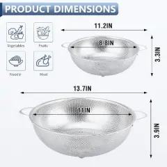 Colander Stainless Steel 3-Quart, Metal Strainer with Base, Strainer for Kitchen Food, Dishwasher Safe