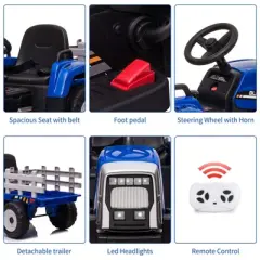 12V Kids Battery Powered Electric Tractor with Trailer, Toddler Ride On Car with Remote Control