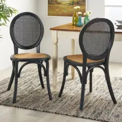 Set of 2 Dining Chair with Elm Wood Frame, High Back Dining Chairs with Caned Seat and Rounded Backrest-Maison Boucle