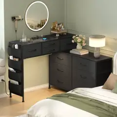 WOWLIVE Dresser for Bedroom with Charging Station and LED Light, Rotatable Vanity Desk with Fabric Drawers and Side Pockets, HD041