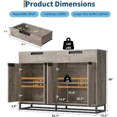 Sideboard Buffet Cabinet, 55" Kitchen Accent Modern Storage Cabinet with 2 Drawers and 4 Doors, Coffee Bar Buffet Table for Kitchen, Dining Room