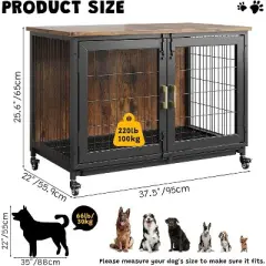 Acekool 37.5" Furniture Style Dog Crate with Wheels, Removable Tray, Lockable Indoor Kennel, Rolling Cage for Medium & Large Dogs, Brown