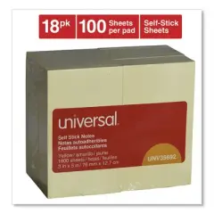 Universal Self-Stick Note Pad Value Pack, 3" x 5", Yellow, 100 Sheets/Pad, 18 Pads/Pack