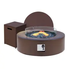 UPHA 42-inch Outdoor Round Fire Pit Table Propane for Outside Patio with Tank Cover and Wind Guard