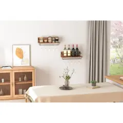 Wall Mounted Wine Rack 2 Pack, Wine Shelf Hanging Floating Wall Shelves, Wine Glass Bottle Rack Stemware Holder