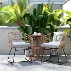 Flash Furniture Devon 3-Piece Patio Bistro Set, Indoor/Outdoor Rattan Rope Chairs, Acacia Wood Top Table & Seat Cushions