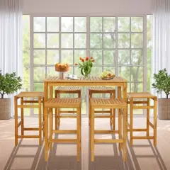 Costway 7 PCS Acacia Wood Bar Table Set 45" Rectangular Dining Table & 6 Saddle Stools