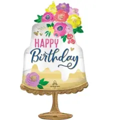 LoonBalloon Elegant Cake on Gold Stand Birthday Balloon with 4 latex balloons- Festive & Unique