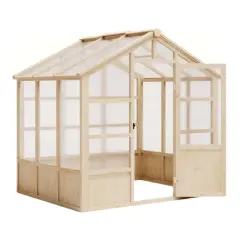 8x8FT Outdoor Wooden Greenhouse with Lockable Door Adjustable Vent Polycarbonate Panels Heavy Duty Garden Yard Greenhouse Light Brown