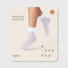 Women's Knit Heart Sheer Anklet Socks with Lace Ruffle - A New Day&trade; White 4-10: Frilly Knit Fashion Anklets, Lightweight Ruffled Design