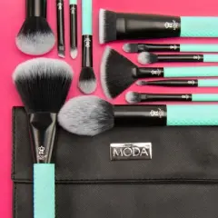 MODA Brush Pro Full Face 13pc Makeup Brush Set with Wrap, Includes Flat Powder, Highlight, and Crease Makeup Brushes